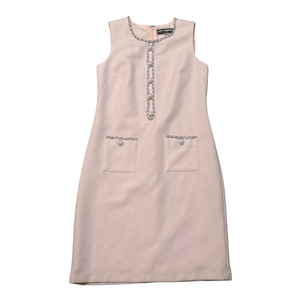Karl Lagerfeld Pale Pink Sleeveless Shift Dress with Chain Trim - Picture 3 of 6